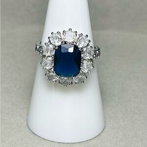 Lab created blue sapphire with cubic zirconia size 6.5 Princess Diana Style